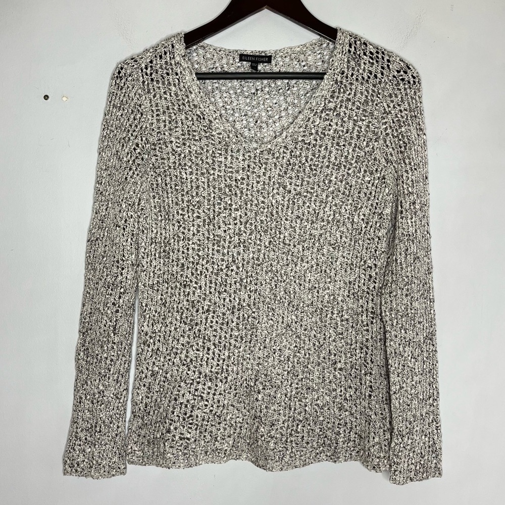 Eileen Fisher Size XS Knit Cotton Sweater White Black V-Neck